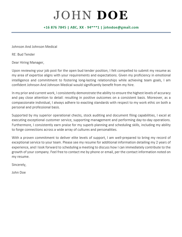 Bud Tender Cover Letter